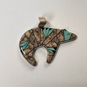 Native American Bear Shaped Pendant with Turquoise Inlay